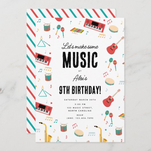Musical Instruments Music Theme Birthday Party 招待状 (正面/裏面)