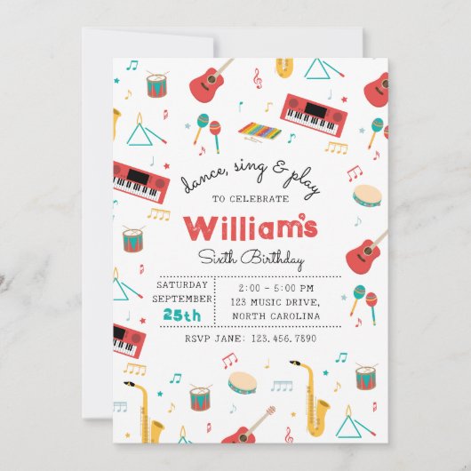 Musical Instruments Music Theme Birthday Party 招待状 (正面)