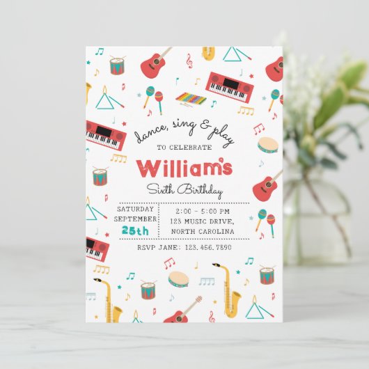 Musical Instruments Music Theme Birthday Party 招待状 (スタンド正面)