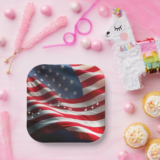 Musical Notes Floating On an American Flag ペーパープレート (パーティー)