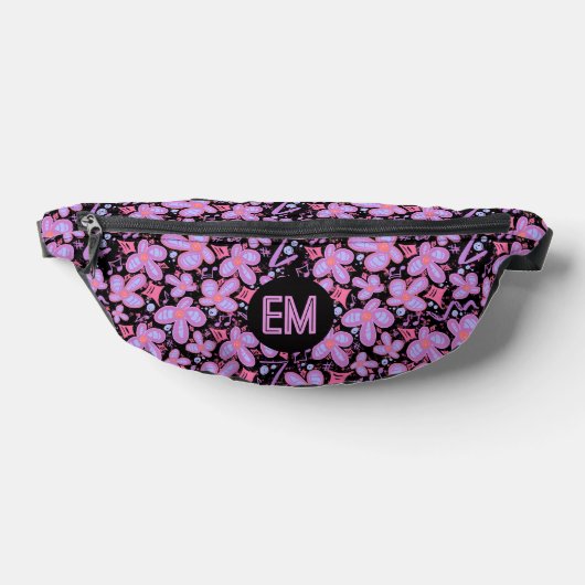 Musical Notes Floral Feminine Pinks Monogramed ファニーパック (レイダウン)