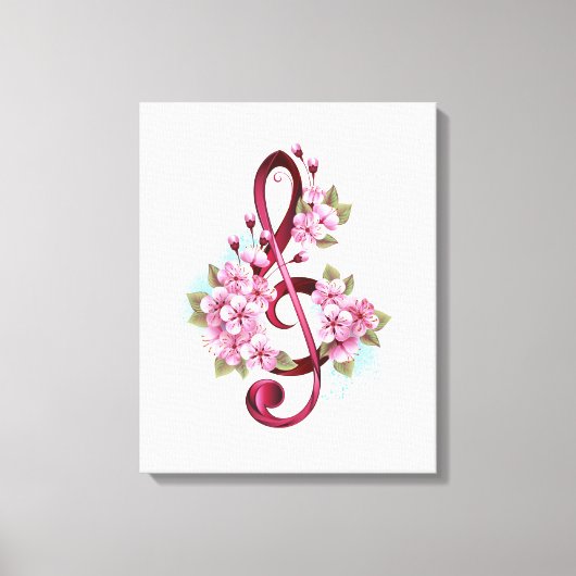 Musical treble clef notes with Sakura flowers キャンバスプリント (正面)