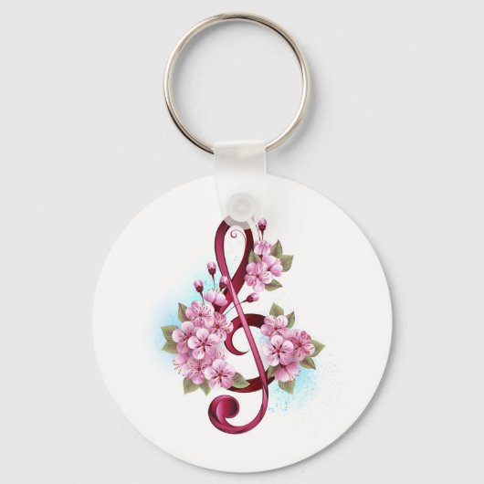 Musical treble clef notes with Sakura flowers キーホルダー (正面)