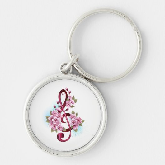Musical treble clef notes with Sakura flowers キーホルダー (正面)