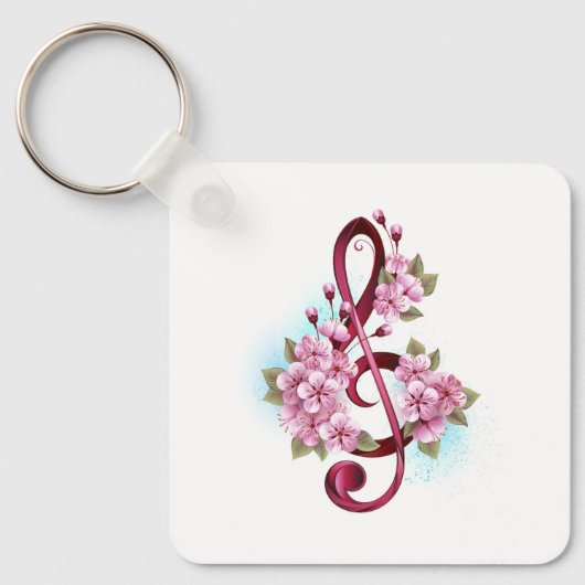 Musical treble clef notes with Sakura flowers キーホルダー (正面)