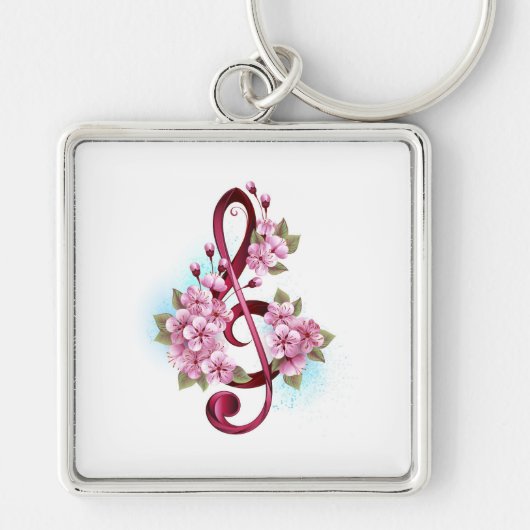 Musical treble clef notes with Sakura flowers キーホルダー (正面)