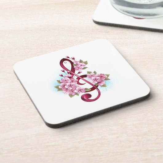 Musical treble clef notes with Sakura flowers コースター (左側)