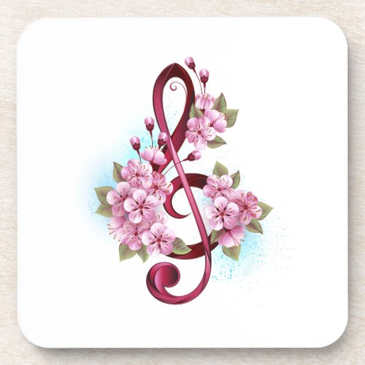 Musical treble clef notes with Sakura flowers コースター (正面)