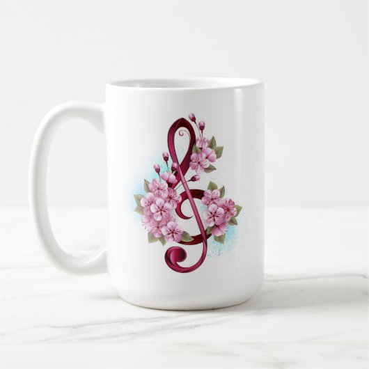 Musical treble clef notes with Sakura flowers コーヒーマグカップ (左)