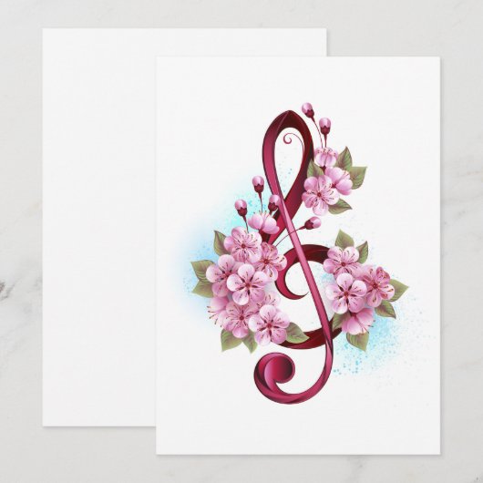 Musical treble clef notes with Sakura flowers シーズンカード (正面/裏面)