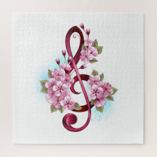 Musical treble clef notes with Sakura flowers ジグソーパズル