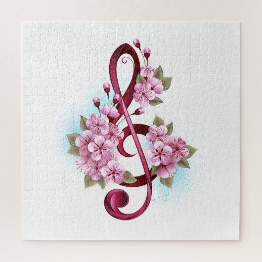 Musical treble clef notes with Sakura flowers ジグソーパズル (縦)