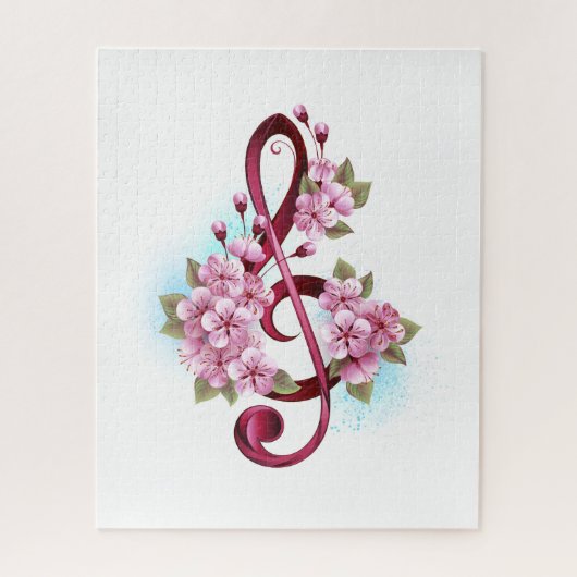 Musical treble clef notes with Sakura flowers ジグソーパズル (縦)