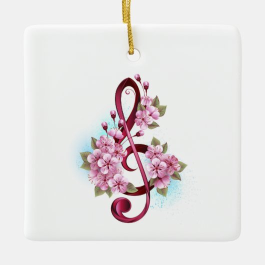 Musical treble clef notes with Sakura flowers セラミックオーナメント (正面)