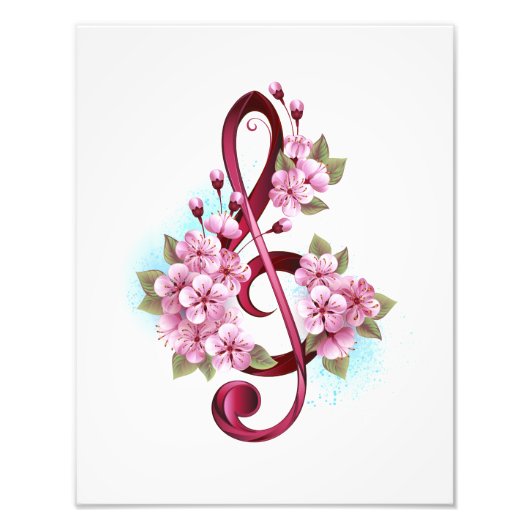 Musical treble clef notes with Sakura flowers フォトプリント (正面)