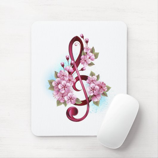 Musical treble clef notes with Sakura flowers マウスパッド (マウス)
