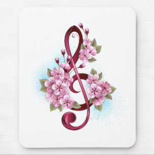 Musical treble clef notes with Sakura flowers マウスパッド