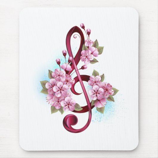 Musical treble clef notes with Sakura flowers マウスパッド (正面)