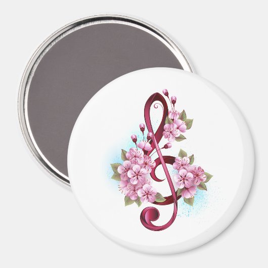 Musical treble clef notes with Sakura flowers マグネット (正面/裏面)