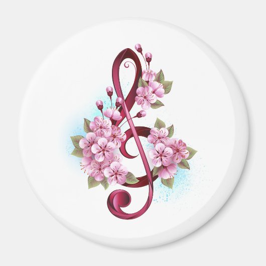 Musical treble clef notes with Sakura flowers マグネット (正面)