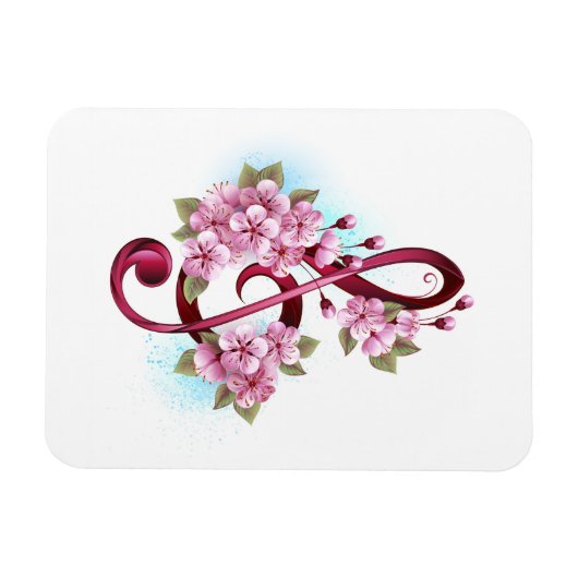 Musical treble clef notes with Sakura flowers マグネット (横)
