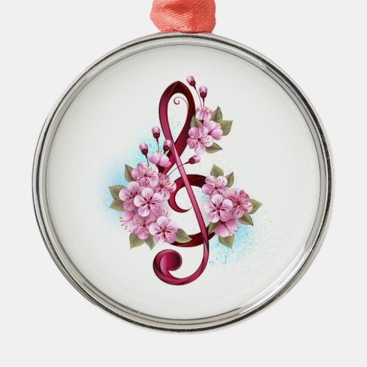 Musical treble clef notes with Sakura flowers メタルオーナメント (正面)