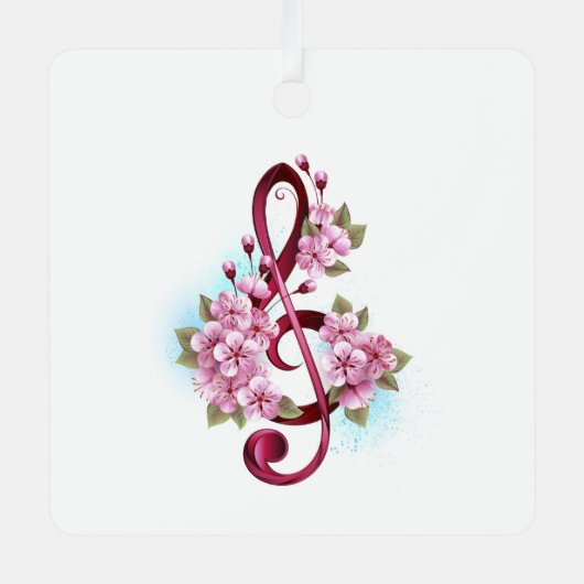 Musical treble clef notes with Sakura flowers メタルオーナメント (正面)