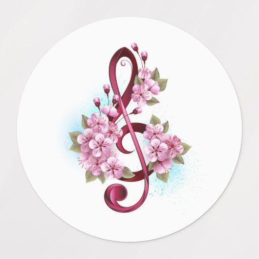Musical treble clef notes with Sakura flowers ラベル (デザイン2)