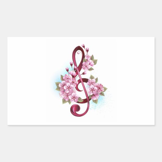 Musical treble clef notes with Sakura flowers 長方形シール (正面)