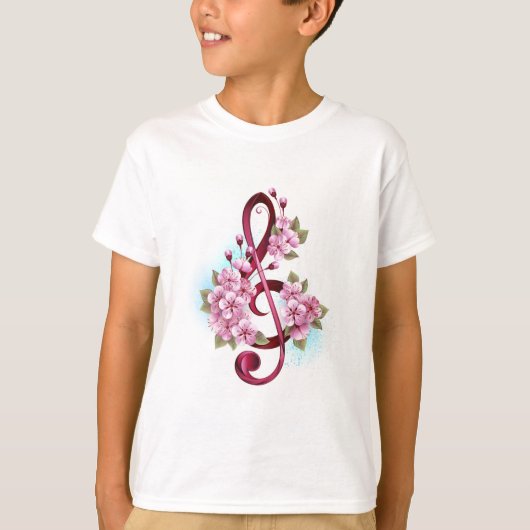 Musical treble clef notes with Sakura flowers Tシャツ (正面)