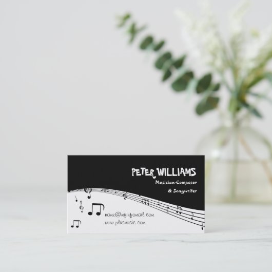 Musician music staff and QR code black 名刺 (スタンド正面)