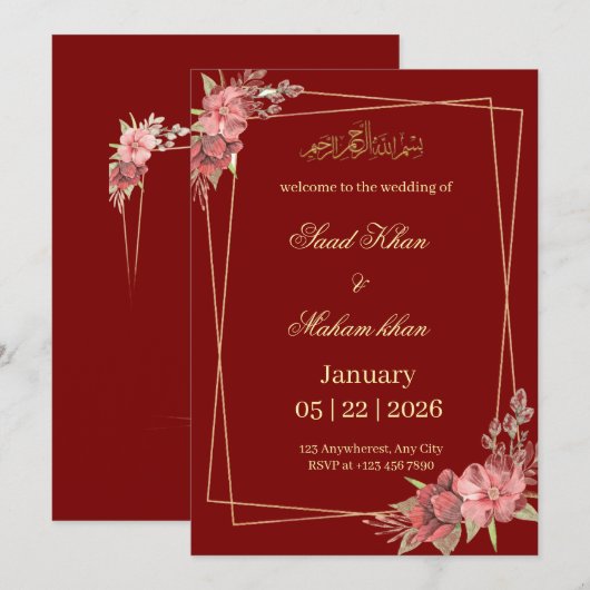 Muslim floral wedding invitation Nikkah invite 招待状 (正面/裏面)