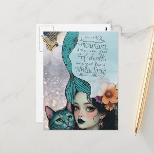 Must Be a Mermaid Mixed Media Collage ポストカード (正面/裏面インサイチュ)