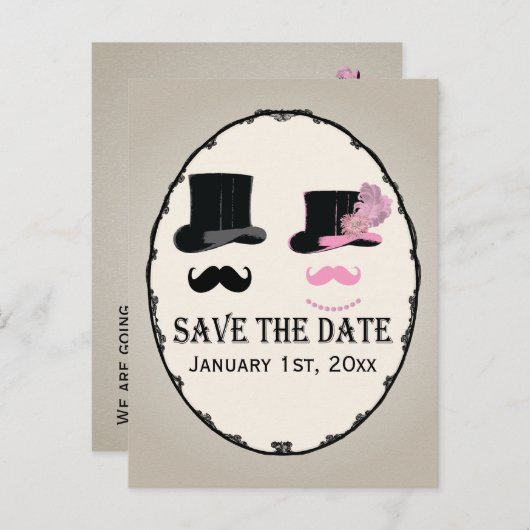 MustacheとTop Hatは日付カードを保存 案内ポストカード (正面/裏面)