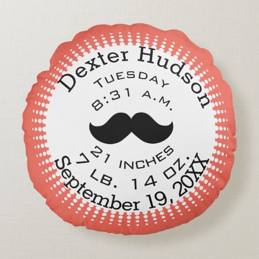 Mustacheコーラルオレンジパーソナライズ誕生レコード ラウンドクッション (正面)