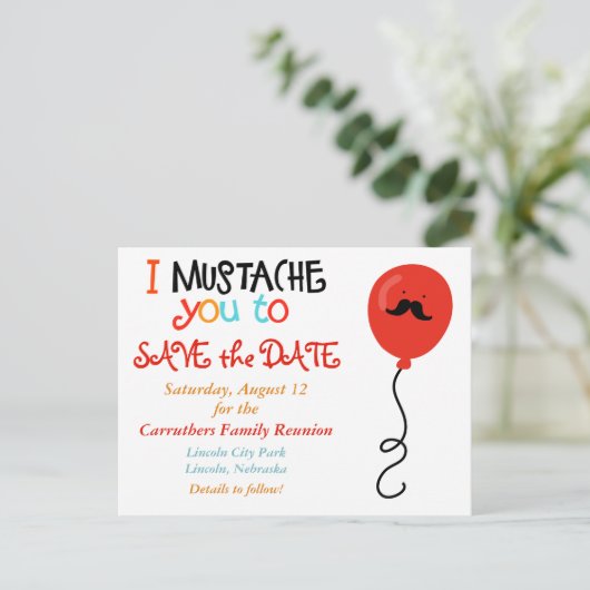 Mustacheバルーンファミリ懇親会日付の保存 案内ポストカード (スタンド正面)