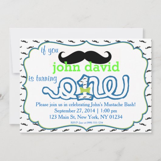 Mustache Bash最初の誕生日招待状 招待状 (正面)