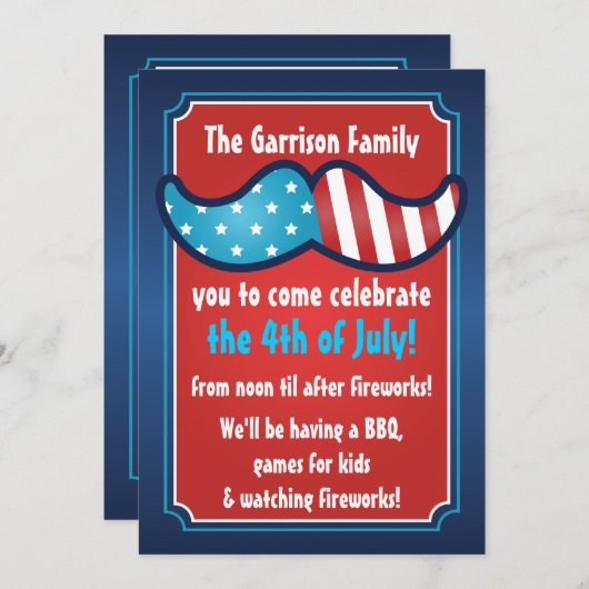 Mustache Bash 7月4日パーティの招待状 招待状 (正面/裏面)