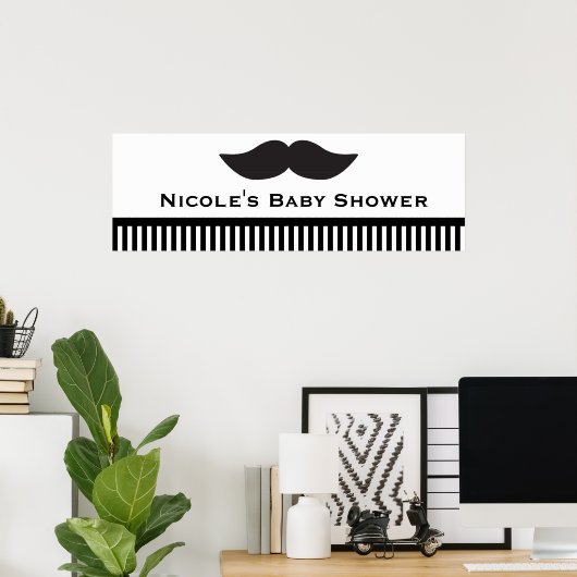 Mustache Black & White Stripes Modern Party Banner ポスター (ホームオフィス)