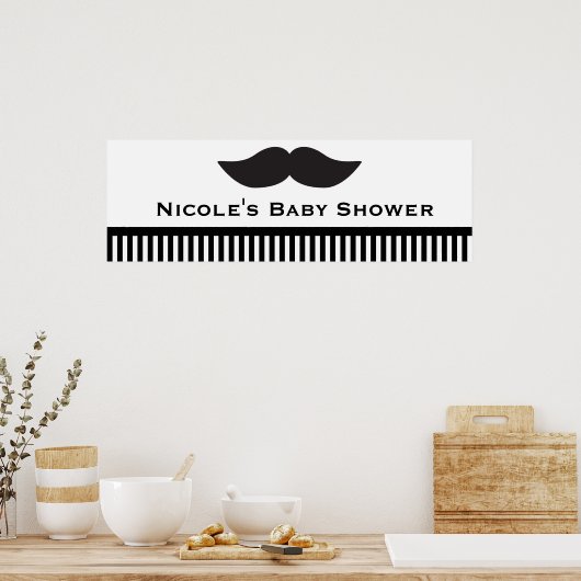 Mustache Black & White Stripes Modern Party Banner ポスター (キッチン)