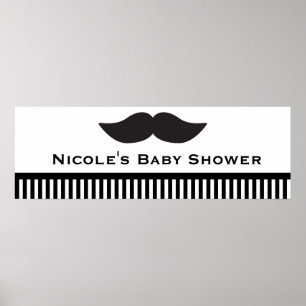 Mustache Black & White Stripes Modern Party Banner ポスター