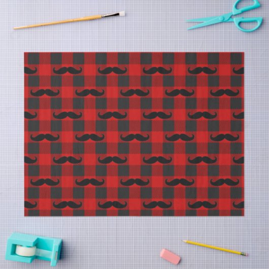 Mustache Buffalo Plaid Pattern Black and Red 薄葉紙 (クラフト)