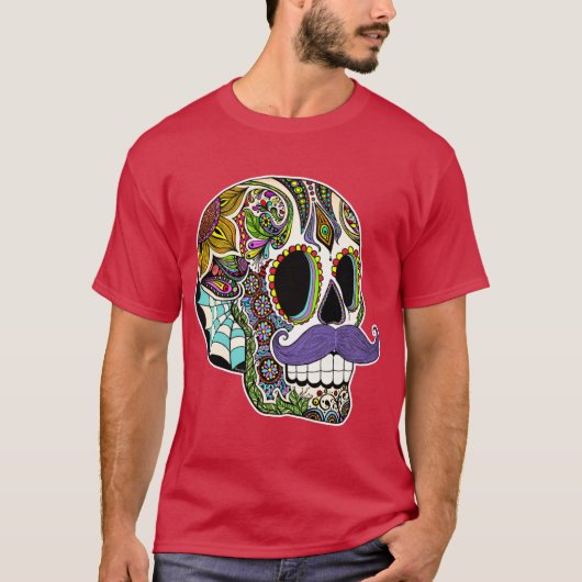 Mustache Sugar Skull Color Version Tシャツ (正面)