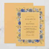 Mustard Blue Anemone Rustic Wedding 招待状 (正面/裏面)