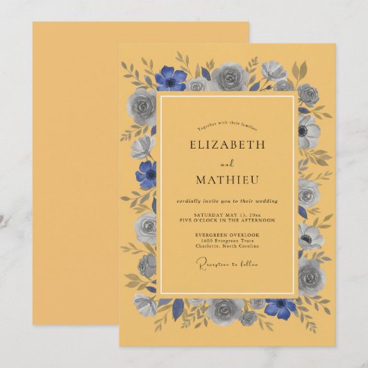 Mustard Blue Anemone Rustic Wedding 招待状 (正面/裏面)