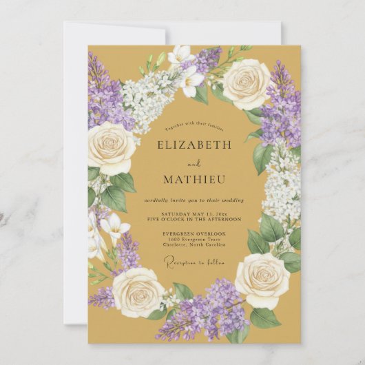 Mustard Floral Laurel Wedding 招待状 (正面)