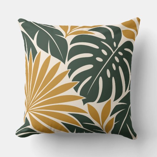 Mustard Green Tropical Leaf Silhouette クッション (正面)