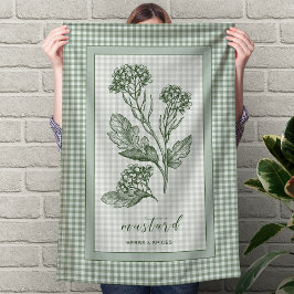 Mustard Herb Kitchen Towel – Green Gingham Border キッチンタオル