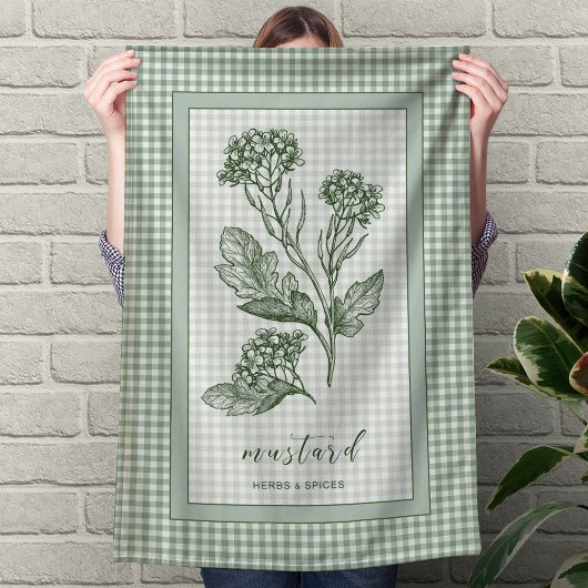 Mustard Herb Kitchen Towel – Green Gingham Border キッチンタオル