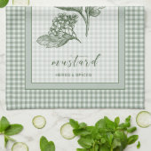 Mustard Herb Kitchen Towel – Green Gingham Border キッチンタオル (折り畳み)